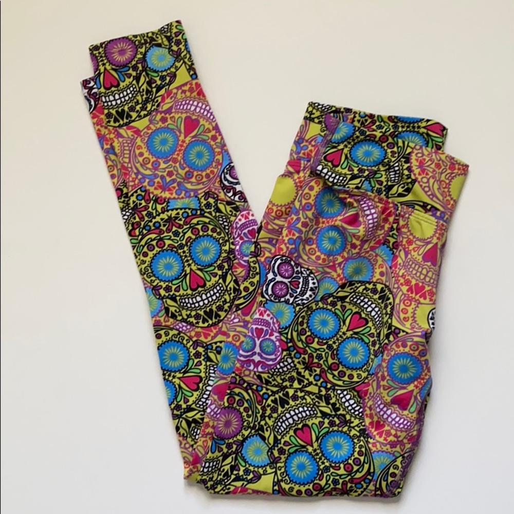 Vibrant Yellow Sugar Skull Print Leggings